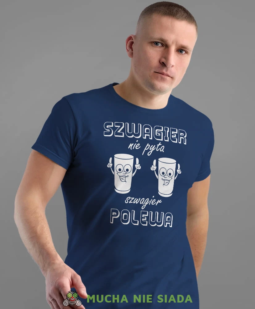 szwagier nie pyta szwagier polewa, granatowa męska koszulka z nadrukiem na co dzień, na prezent, fajna koszulka.jpg